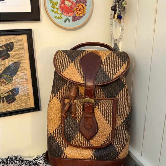 Vintage Other - Vintage 1970s basket Plaid Leather-Trim Backpack unique rare